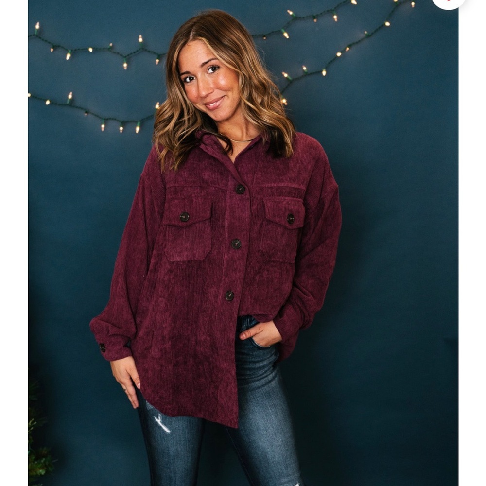 Purple corduroy shacket with pockets
